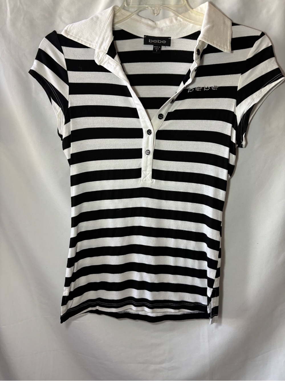 bebe Women’s Black/White Striped Collared Short Sleeve Button Polo Top S